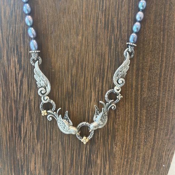 Barbara Bixby Sterling Silver 18K Swallows Sparrows Birds Black Pearl Necklace - Picture 2 of 5